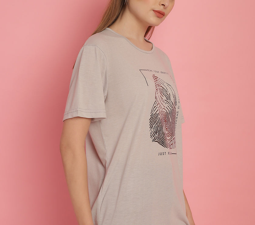 Mack Jonney Round Neck Cotton Printed Light Grey T-Shirt for Women