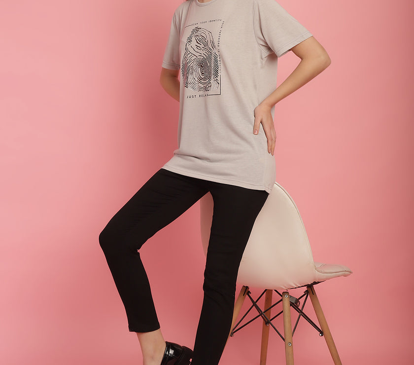 Mack Jonney Round Neck Cotton Printed Light Grey T-Shirt for Women