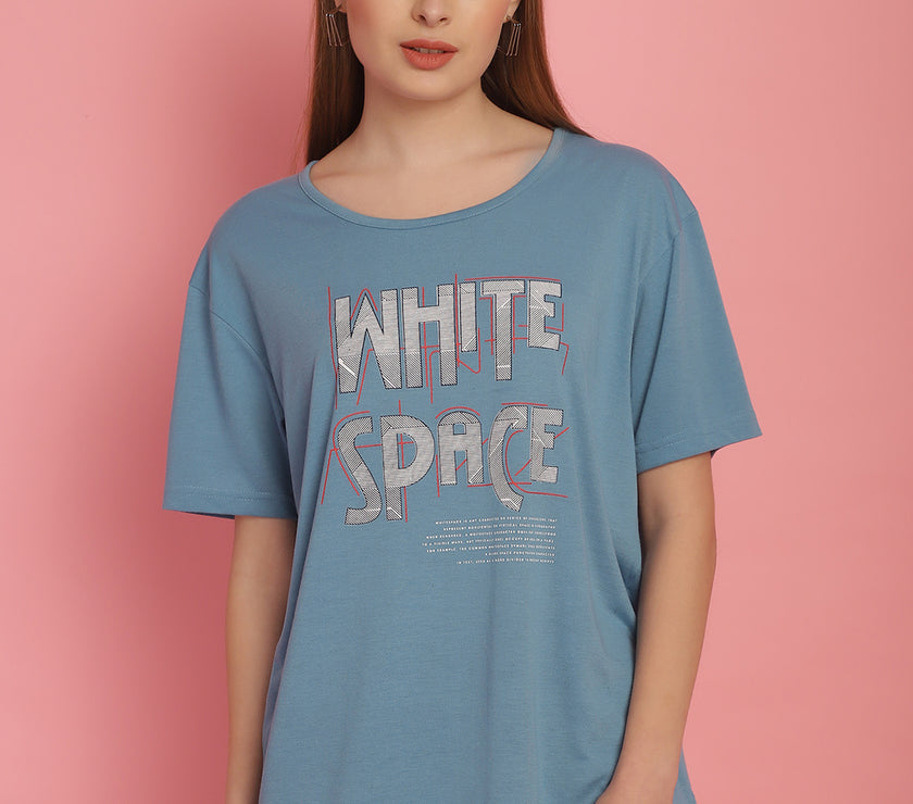 Mack Jonney Round Neck Cotton Printed Blue T-Shirt for Women