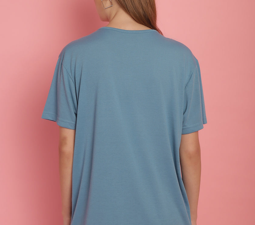 Mack Jonney Round Neck Cotton Printed Blue T-Shirt for Women