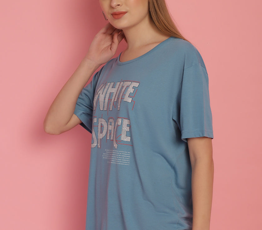 Mack Jonney Round Neck Cotton Printed Blue T-Shirt for Women