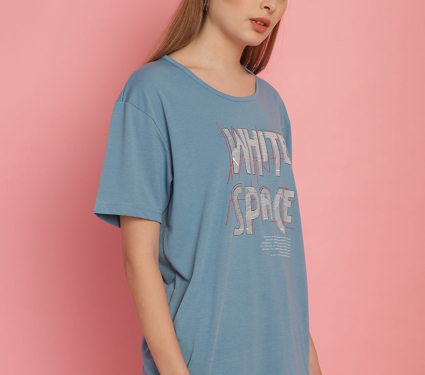 Mack Jonney Round Neck Cotton Printed Blue T-Shirt for Women