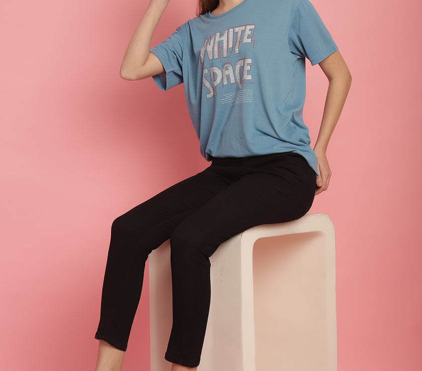 Mack Jonney Round Neck Cotton Printed Blue T-Shirt for Women