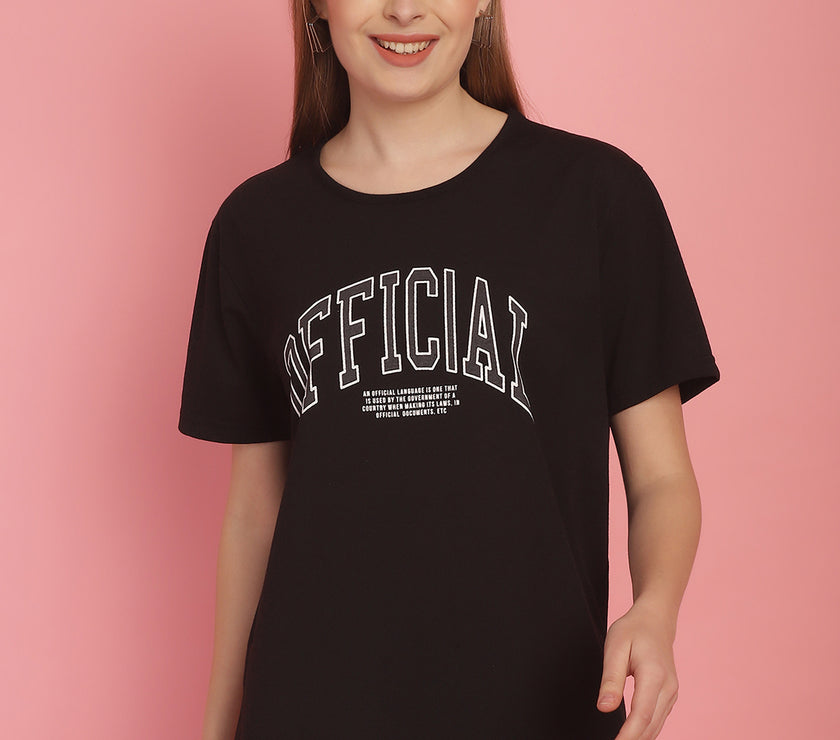 Mack Jonney Round Neck Cotton Printed Black T-Shirt for Women