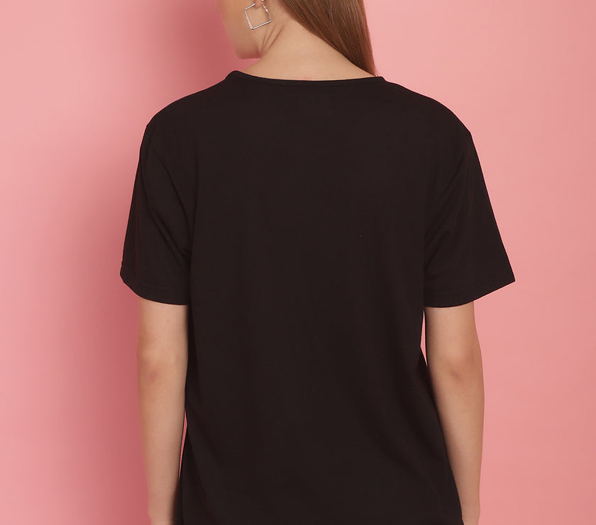 Mack Jonney Round Neck Cotton Printed Black T-Shirt for Women