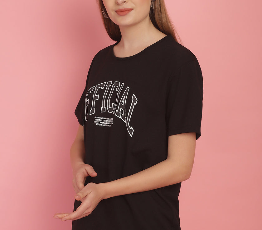 Mack Jonney Round Neck Cotton Printed Black T-Shirt for Women