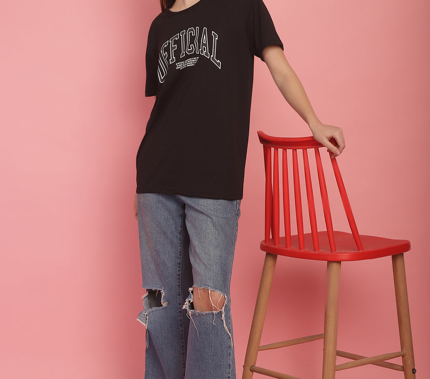 Mack Jonney Round Neck Cotton Printed Black T-Shirt for Women