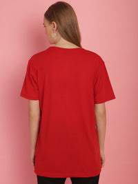 Mack Jonney Round Neck Cotton Printed Red T-Shirt for Women