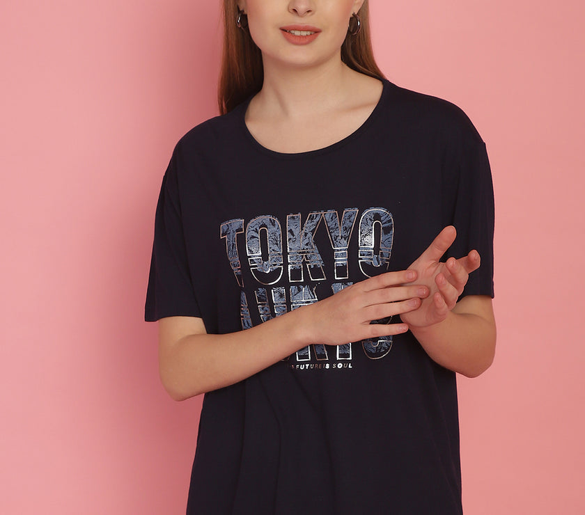 Mack Jonney Round Neck Cotton Printed Navy Blue T-Shirt for Women