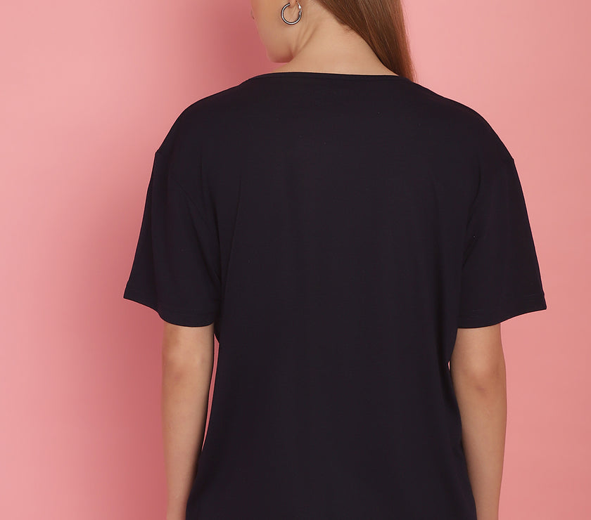 Mack Jonney Round Neck Cotton Printed Navy Blue T-Shirt for Women