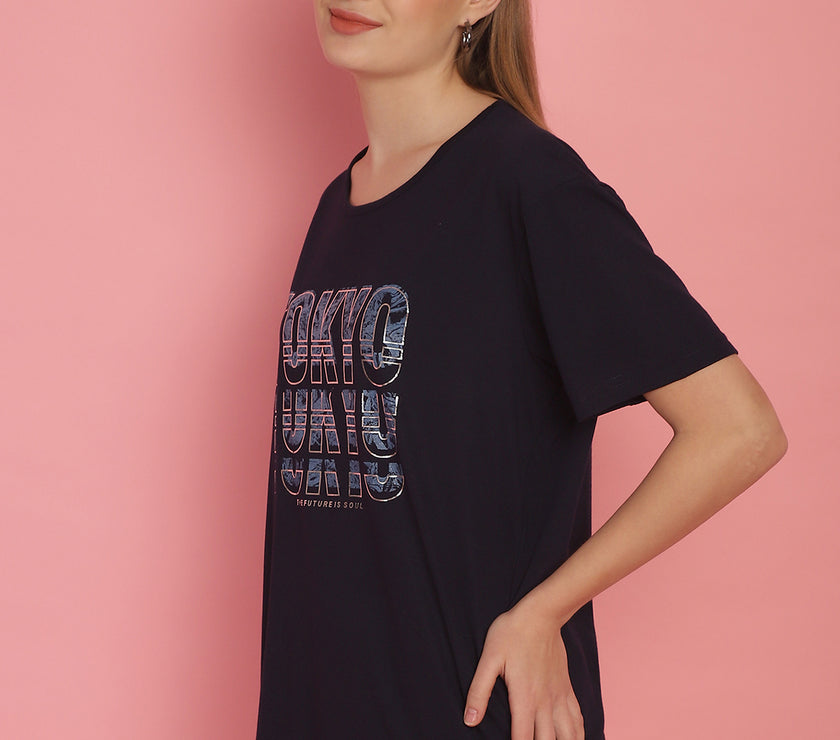 Mack Jonney Round Neck Cotton Printed Navy Blue T-Shirt for Women