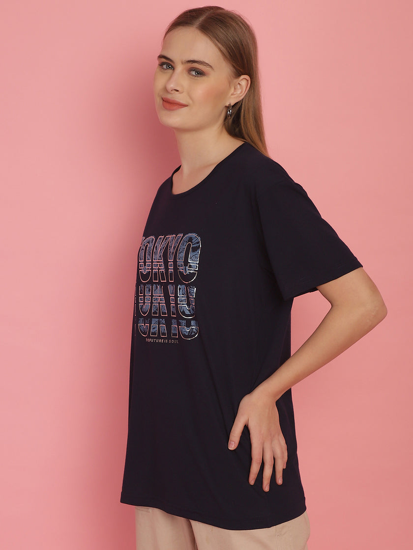 Mack Jonney Round Neck Cotton Printed Navy Blue T-Shirt for Women