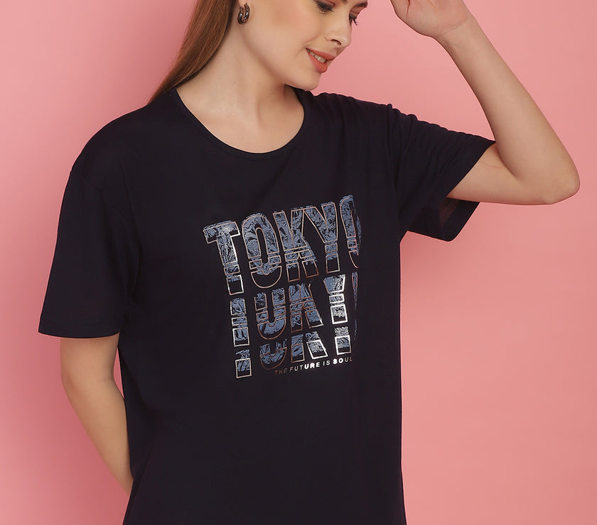 Mack Jonney Round Neck Cotton Printed Navy Blue T-Shirt for Women