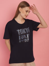 Mack Jonney Round Neck Cotton Printed Navy Blue T-Shirt for Women