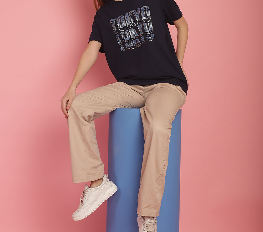 Mack Jonney Round Neck Cotton Printed Navy Blue T-Shirt for Women