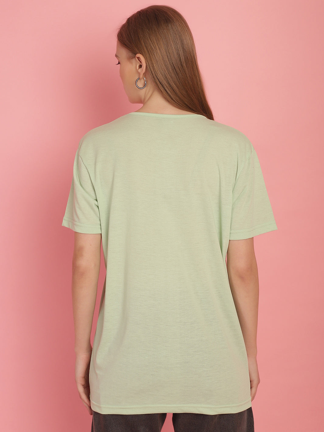 Mack Jonney Round Neck Cotton Printed Light Green T-Shirt for Women