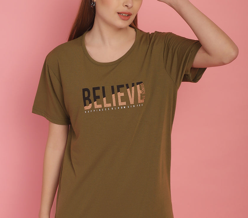 Mack Jonney Round Neck Cotton Printed Olive T-Shirt for Women