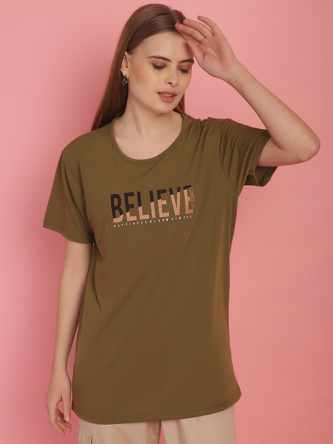 Mack Jonney Round Neck Cotton Printed Olive T-Shirt for Women