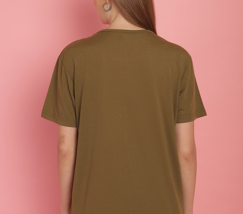 Mack Jonney Round Neck Cotton Printed Olive T-Shirt for Women