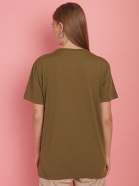 Mack Jonney Round Neck Cotton Printed Olive T-Shirt for Women