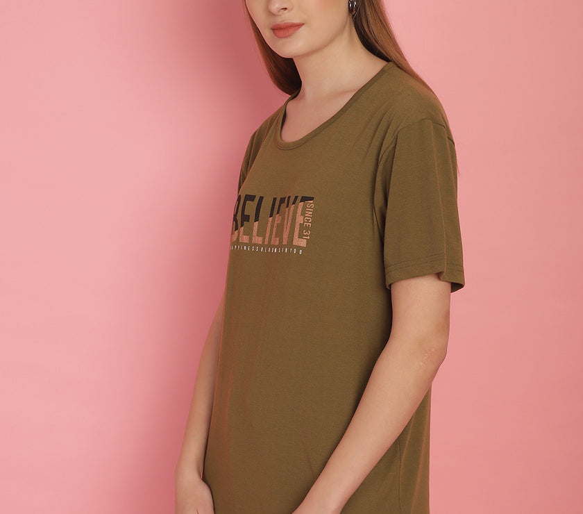 Mack Jonney Round Neck Cotton Printed Olive T-Shirt for Women