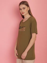 Mack Jonney Round Neck Cotton Printed Olive T-Shirt for Women