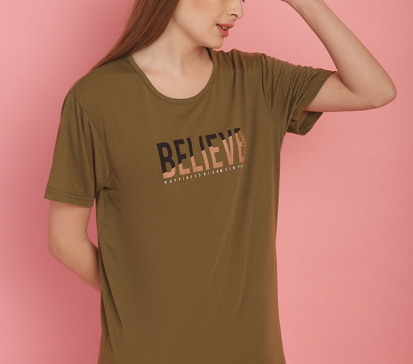 Mack Jonney Round Neck Cotton Printed Olive T-Shirt for Women