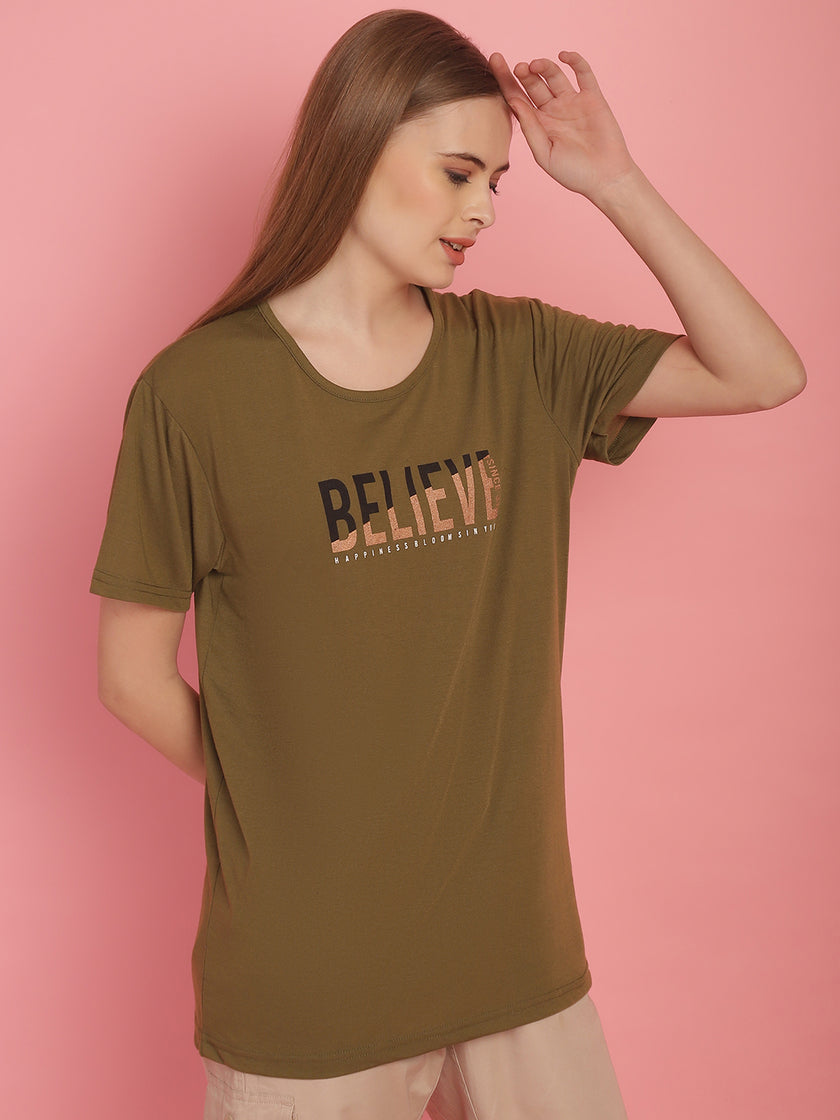 Mack Jonney Round Neck Cotton Printed Olive T-Shirt for Women