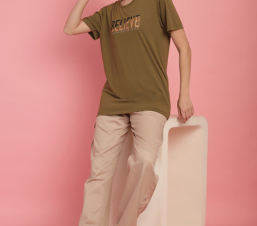 Mack Jonney Round Neck Cotton Printed Olive T-Shirt for Women