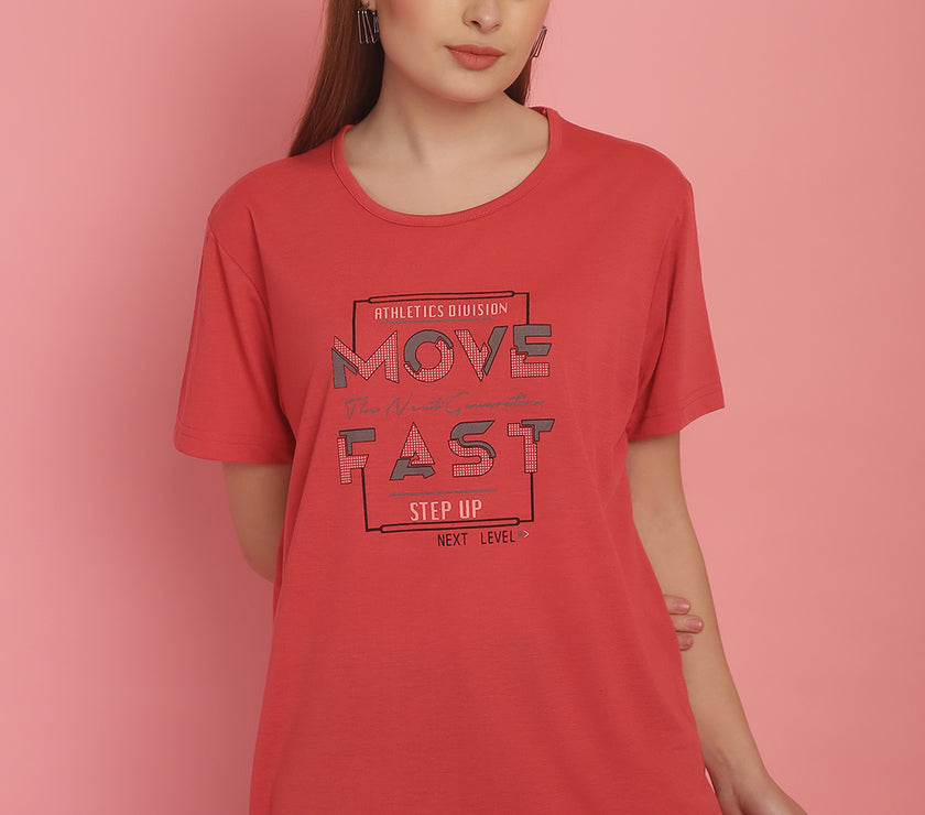 Mack Jonney Round Neck Cotton Printed Pink T-Shirt for Women