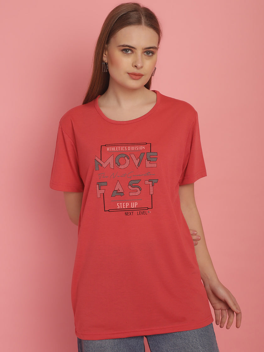 Mack Jonney Round Neck Cotton Printed Pink T-Shirt for Women