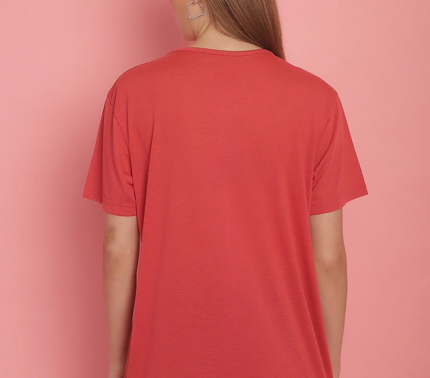 Mack Jonney Round Neck Cotton Printed Pink T-Shirt for Women