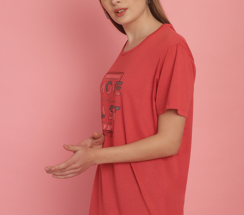 Mack Jonney Round Neck Cotton Printed Pink T-Shirt for Women