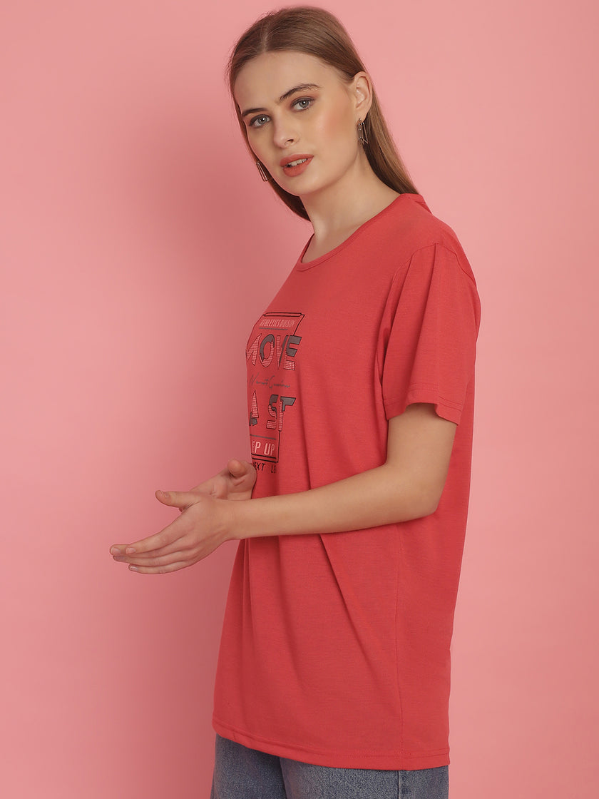 Mack Jonney Round Neck Cotton Printed Pink T-Shirt for Women