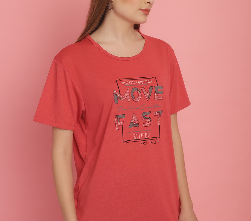 Mack Jonney Round Neck Cotton Printed Pink T-Shirt for Women