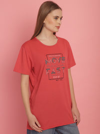 Mack Jonney Round Neck Cotton Printed Pink T-Shirt for Women