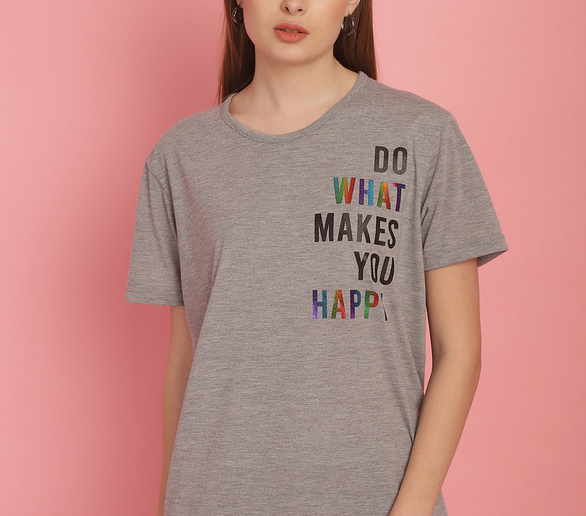 Mack Jonney Round Neck Cotton Printed Grey Melange T-Shirt for Women
