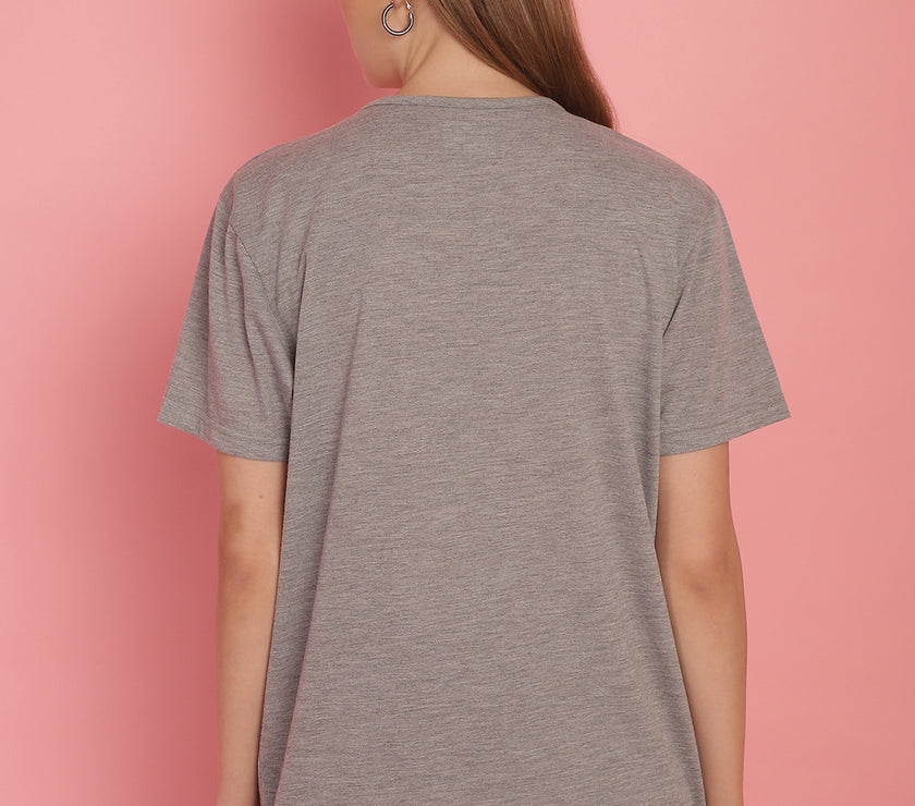 Mack Jonney Round Neck Cotton Printed Grey Melange T-Shirt for Women