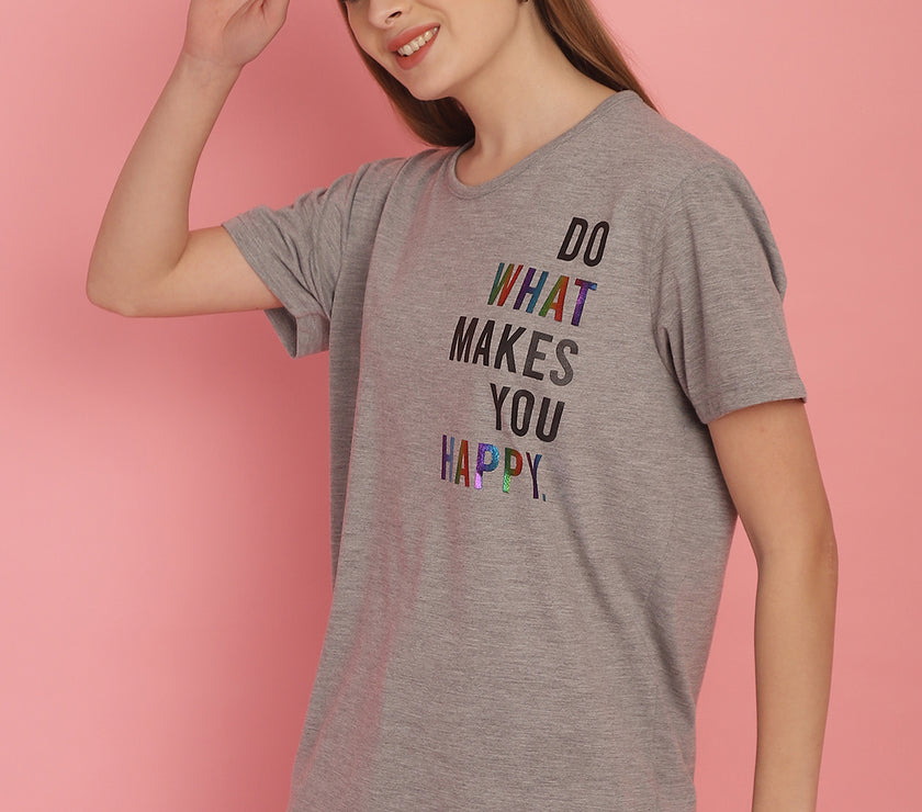 Mack Jonney Round Neck Cotton Printed Grey Melange T-Shirt for Women