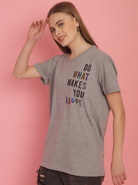 Mack Jonney Round Neck Cotton Printed Grey Melange T-Shirt for Women