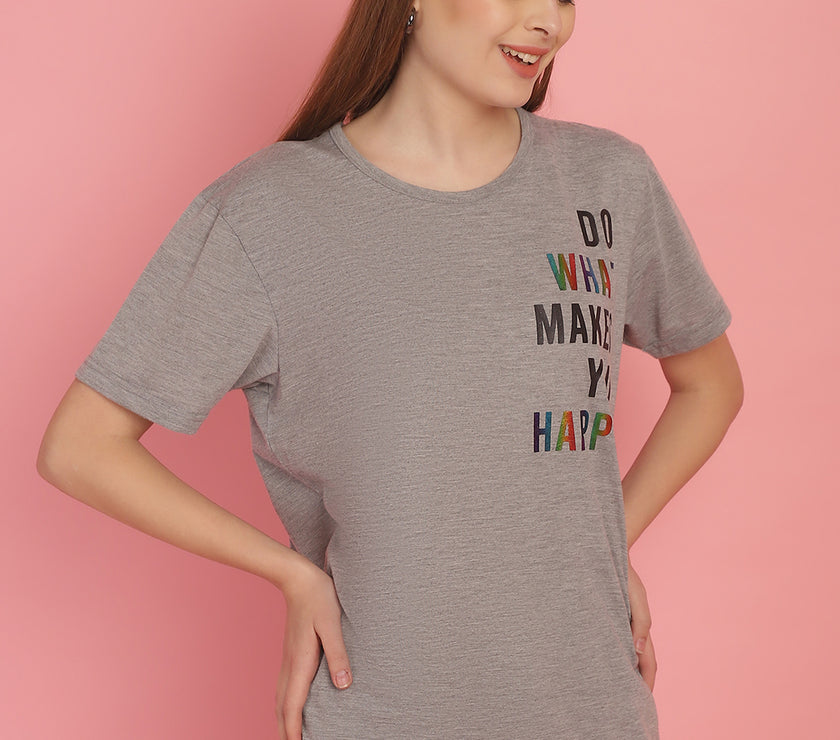 Mack Jonney Round Neck Cotton Printed Grey Melange T-Shirt for Women