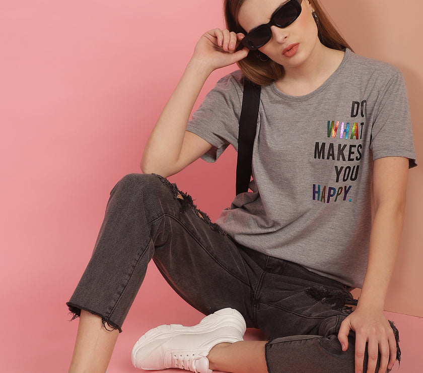 Mack Jonney Round Neck Cotton Printed Grey Melange T-Shirt for Women