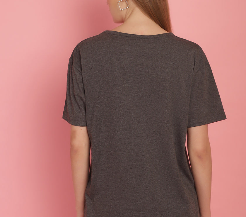 Mack Jonney Round Neck Cotton Printed Anthracite T-Shirt for Women