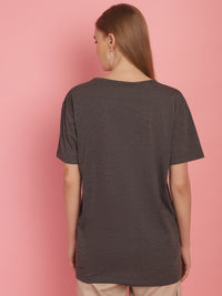 Mack Jonney Round Neck Cotton Printed Anthracite T-Shirt for Women