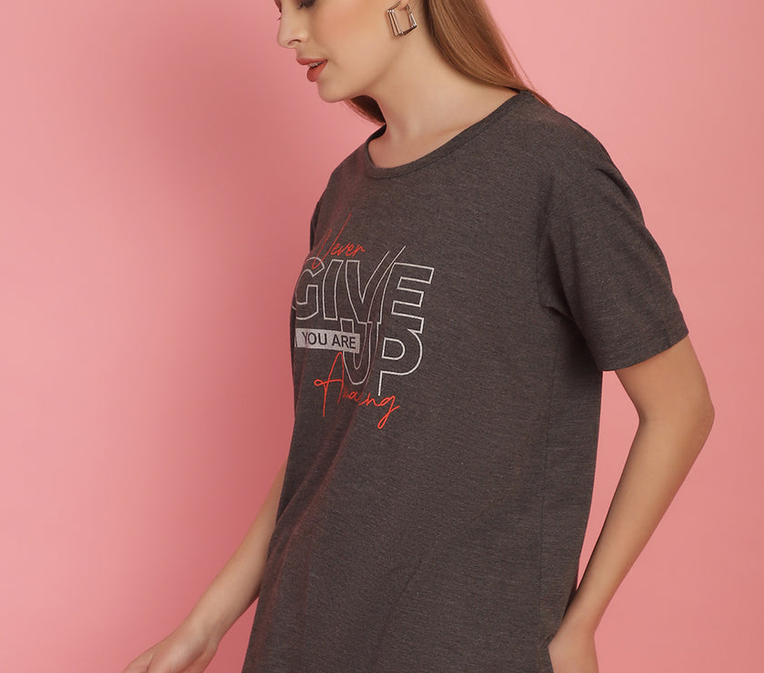Mack Jonney Round Neck Cotton Printed Anthracite T-Shirt for Women