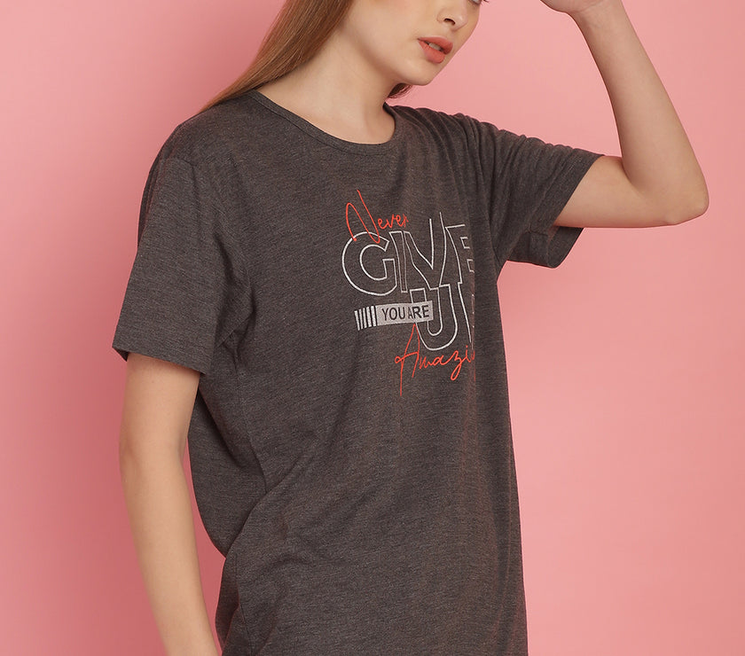 Mack Jonney Round Neck Cotton Printed Anthracite T-Shirt for Women