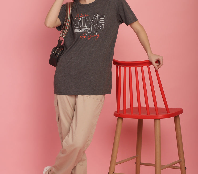 Mack Jonney Round Neck Cotton Printed Anthracite T-Shirt for Women