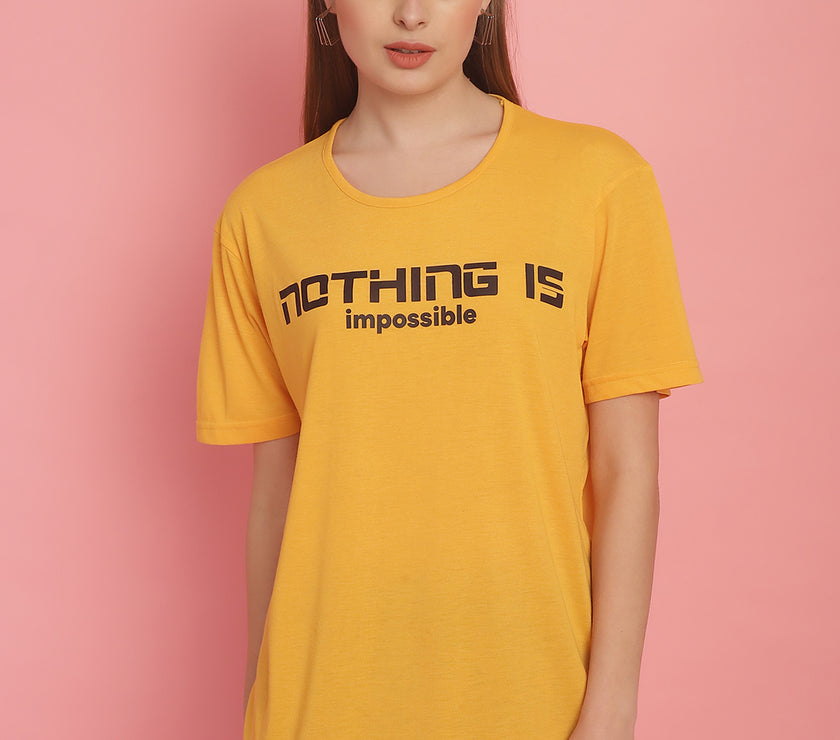 Mack Jonney Printed Yellow Round Neck Cotton Half sleeves Tshirt For Women