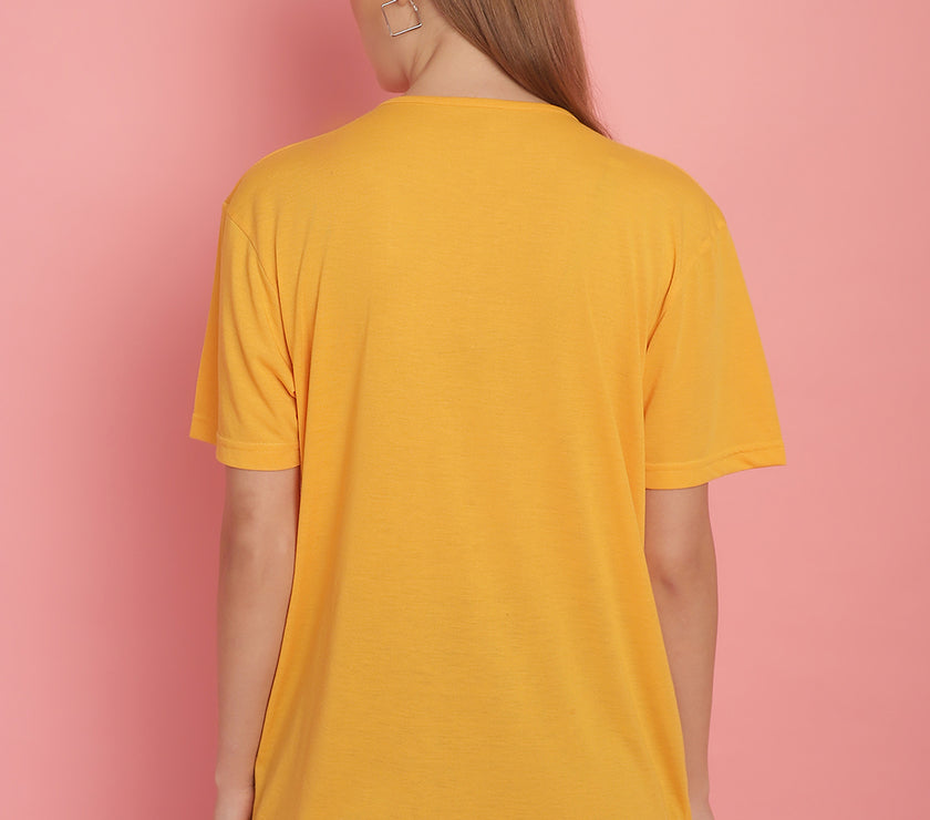 Mack Jonney Printed Yellow Round Neck Cotton Half sleeves Tshirt For Women