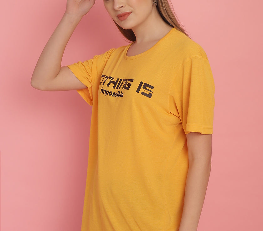 Mack Jonney Printed Yellow Round Neck Cotton Half sleeves Tshirt For Women